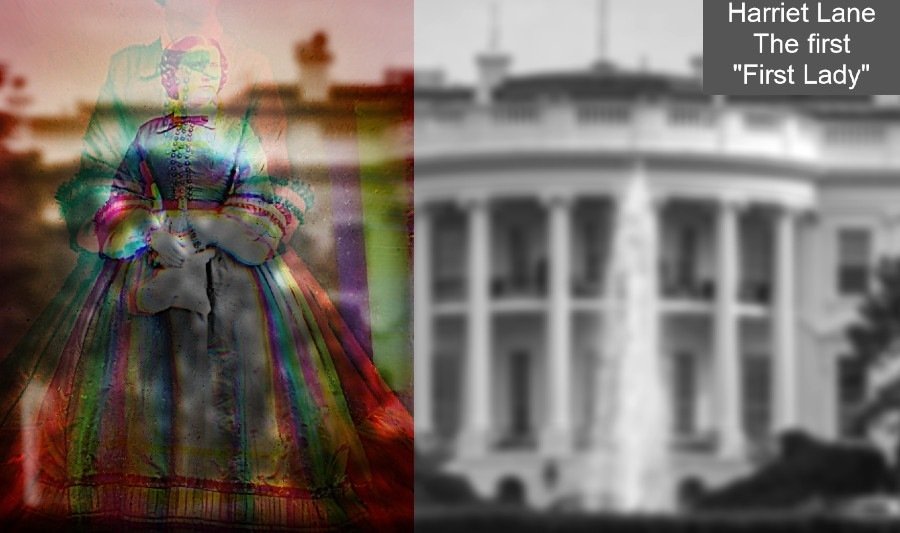 Foto das die erste FLOTUS und das Weisse Haus zeigt Photo depicting the first FLOTUS (First Lady of the United States) Harriet Lane and the White House