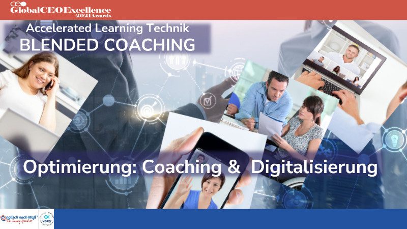 Bildcollage von Menschen in Arbeitssituationen, Kommunikation, Lernsituationen Text: Optimierung: Coaching & Digitalisierung