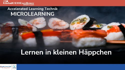 Sushi auf schwarzem Hintergrund Text: Lernen in kleinen Häppchen Accelerated Learning Technik: Microlearning englisch-nach-mass.com