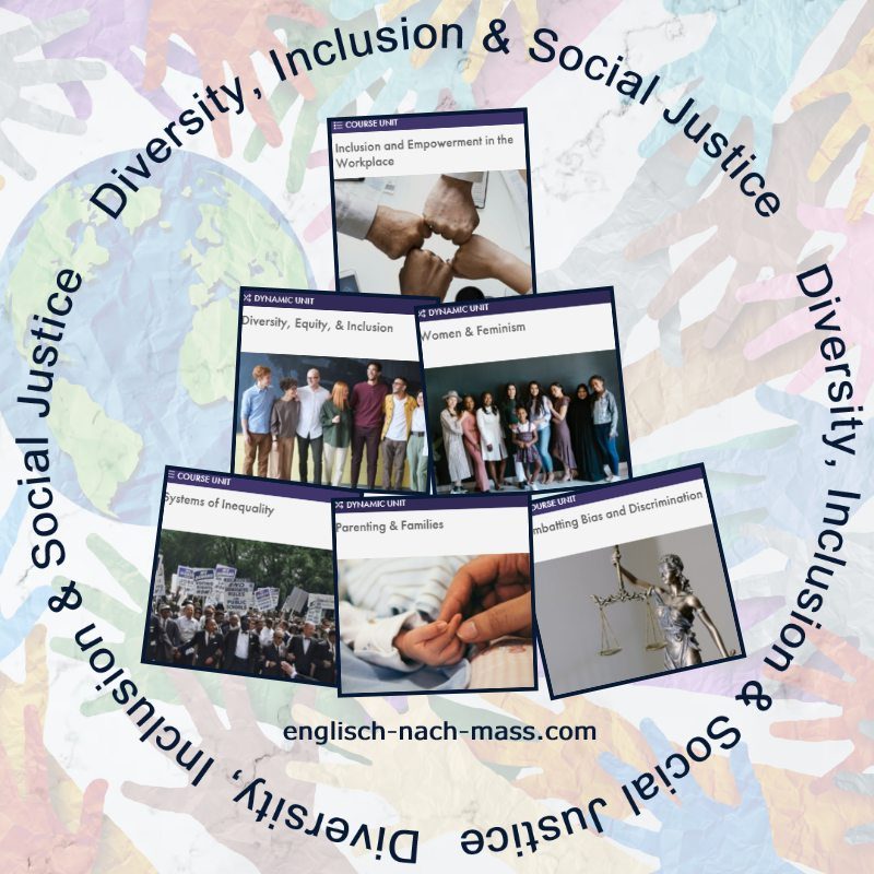 Englisch nach Maß Diversity, Inclusion & Soziale Gerechtigkeit Englisch Upskilling Kurs mit Bildcollage von Lessons