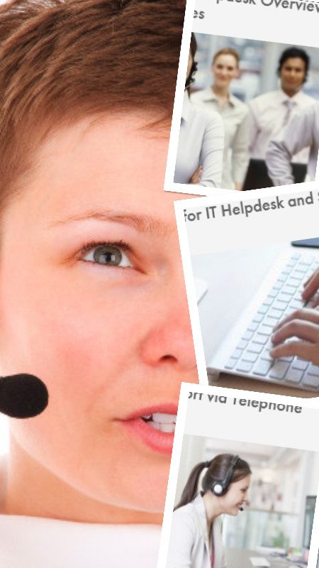 Bildcollage IT Helpdesk & Support. Frau mit Headset, plus verschiedene Support Szenen bildlich dargestellt