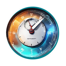 Icon das durch eine Stoppuhr Zeitmanagment darstellt. In vibranten orange und grün-blau Tönen